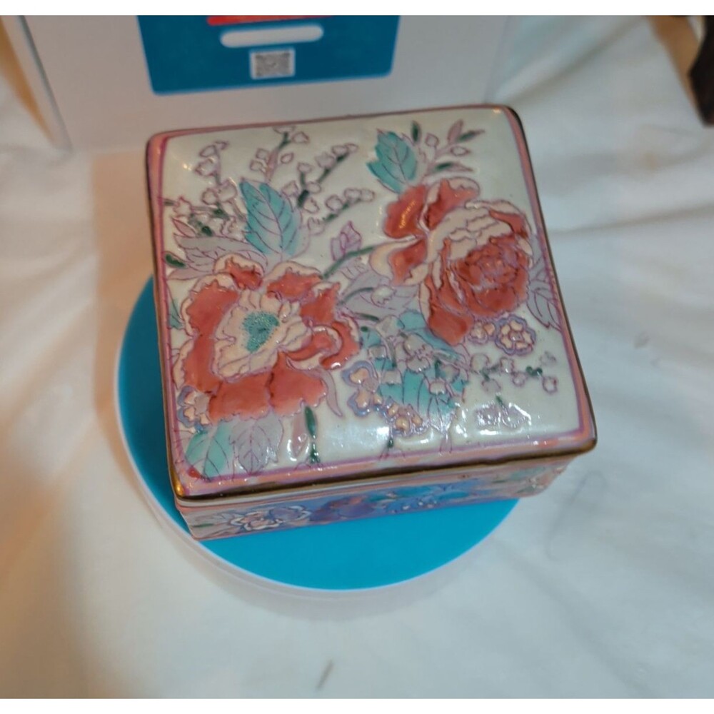 Vintage Pink Floral Porcelain Square Trinket Box Grandmillennial PreOwned